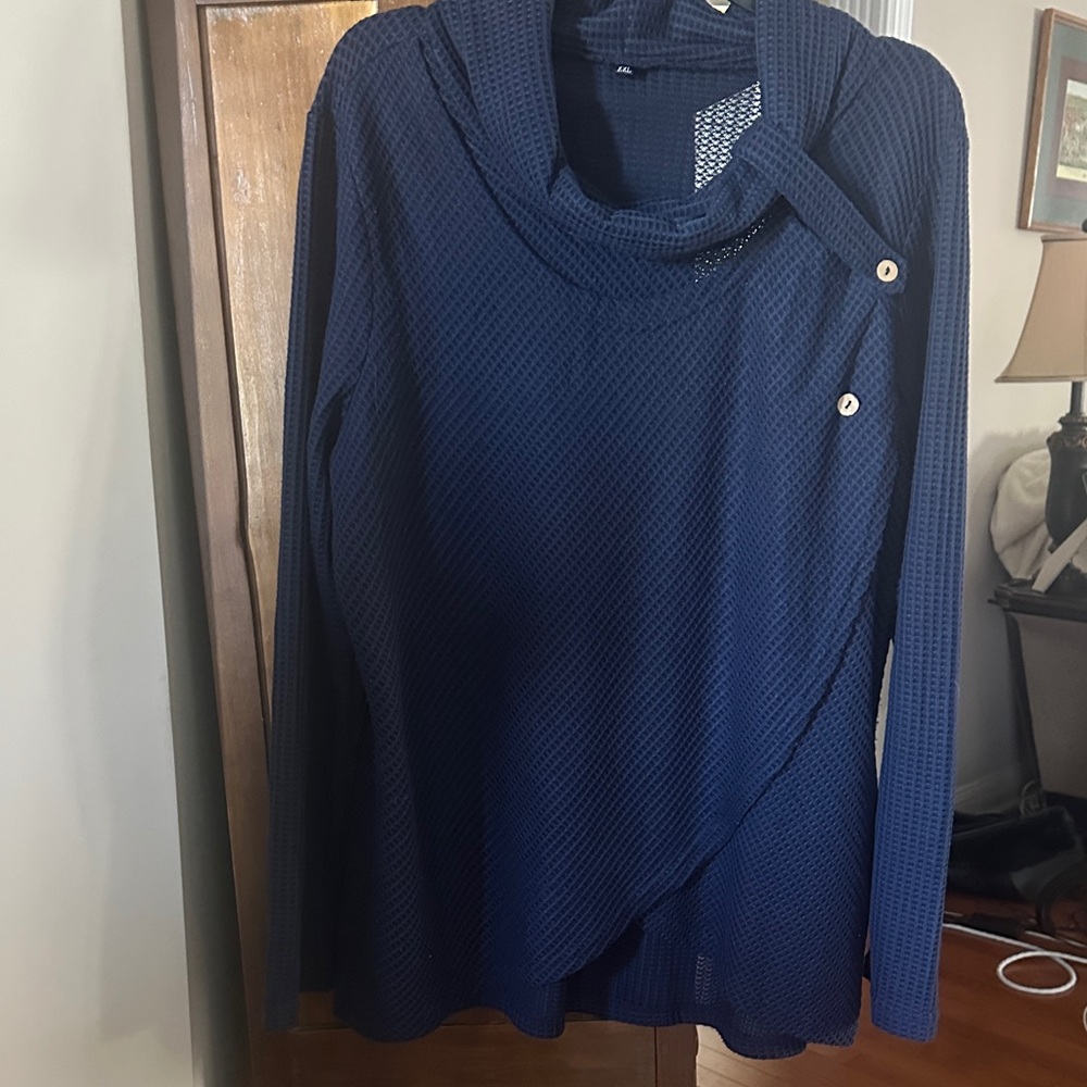 Navy Textured Waffle Knit Draped Top